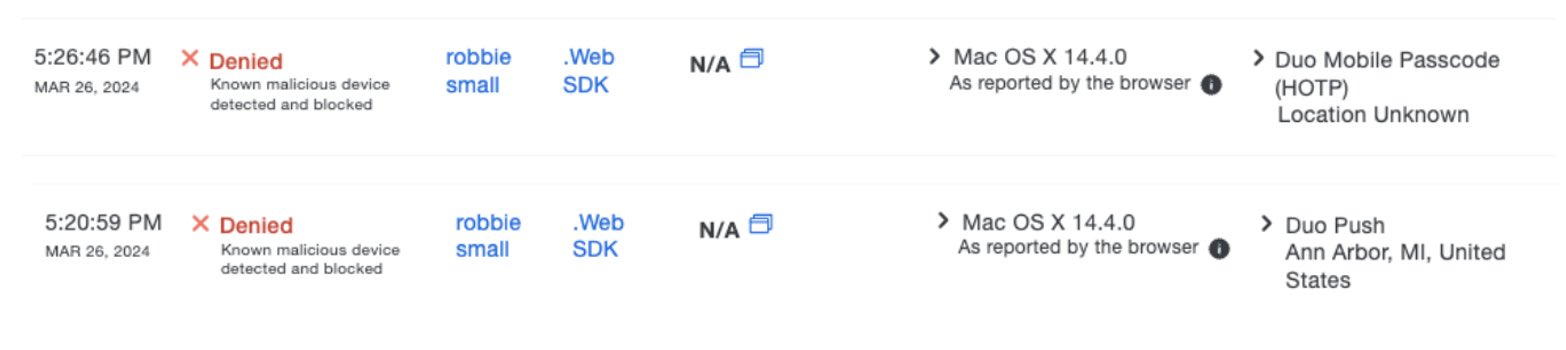 Screenshot of the Duo admin panel, showing denied malicious device authentications