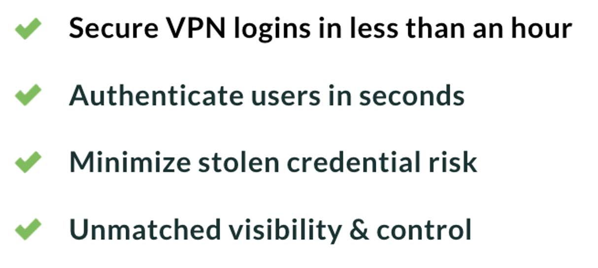 Checklist reading: 1) Secure VPN logins in less than an hour, 2) Authenticate users in seconds, 3) Minimize stolen credential risk, 4) Unmatched visibility and control