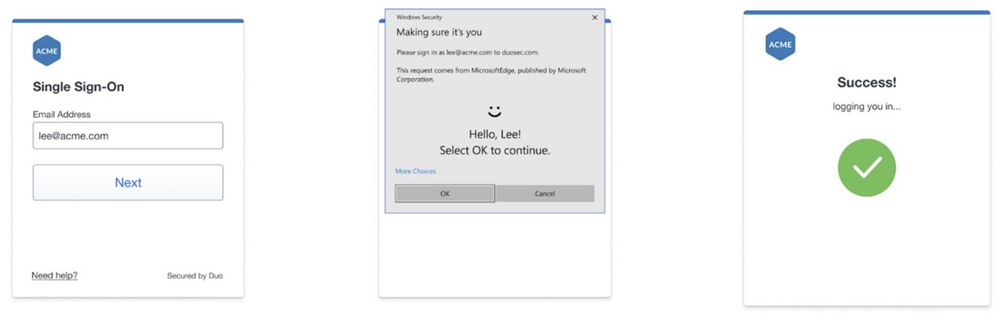 Series of screenshots showing a Duo single sign-on (SSO) flow.