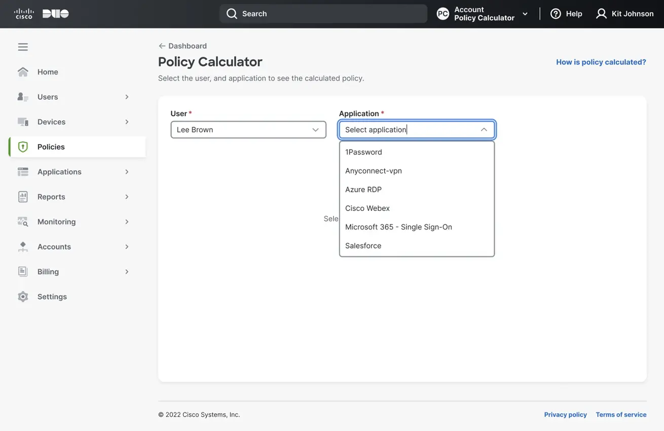 Screenshot of the policy calculator screen