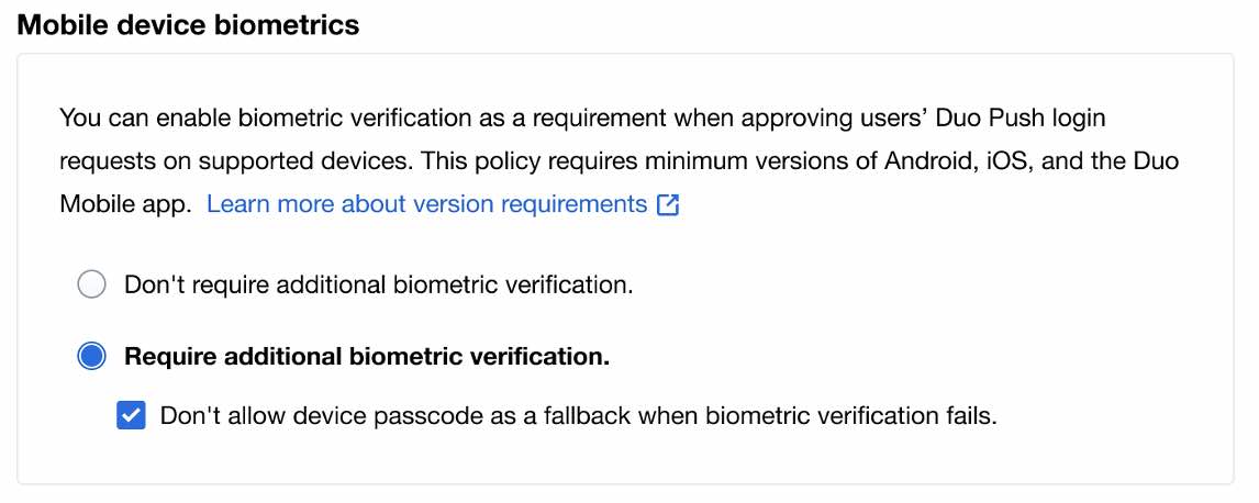 Screenshot of the mobile device biometrics options in the admin panel