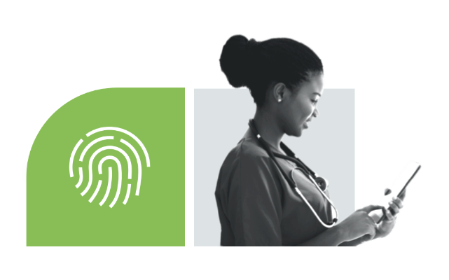 Fingerprint icon with image of woman with stethoscope and scrubs using a tablet computer.