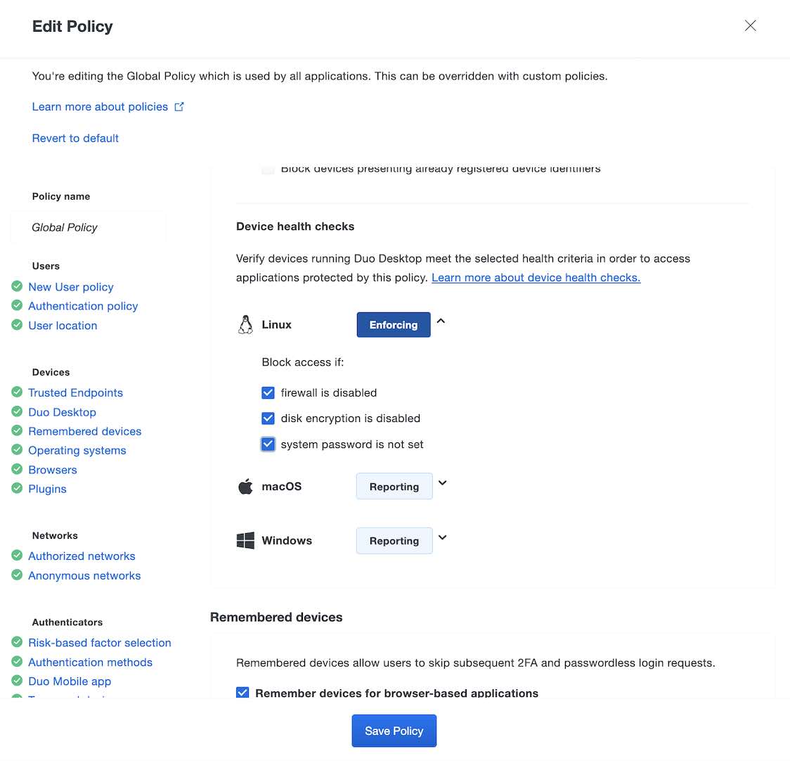 Screenshot of the Duo Desktop policy screen