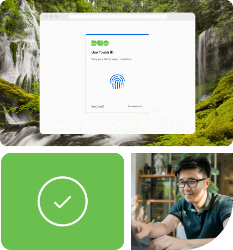 A person on a laptop using Duo's touch ID to authenticate and securely access data.