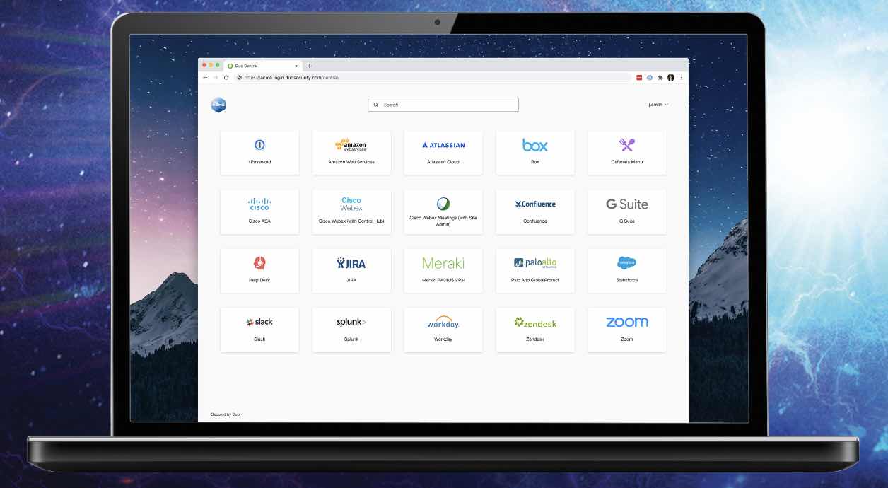 Laptop computer screen showing how Duo SSO connects users to multiple apps, including: 1Password, Amazon, Atlassian, box, etc.