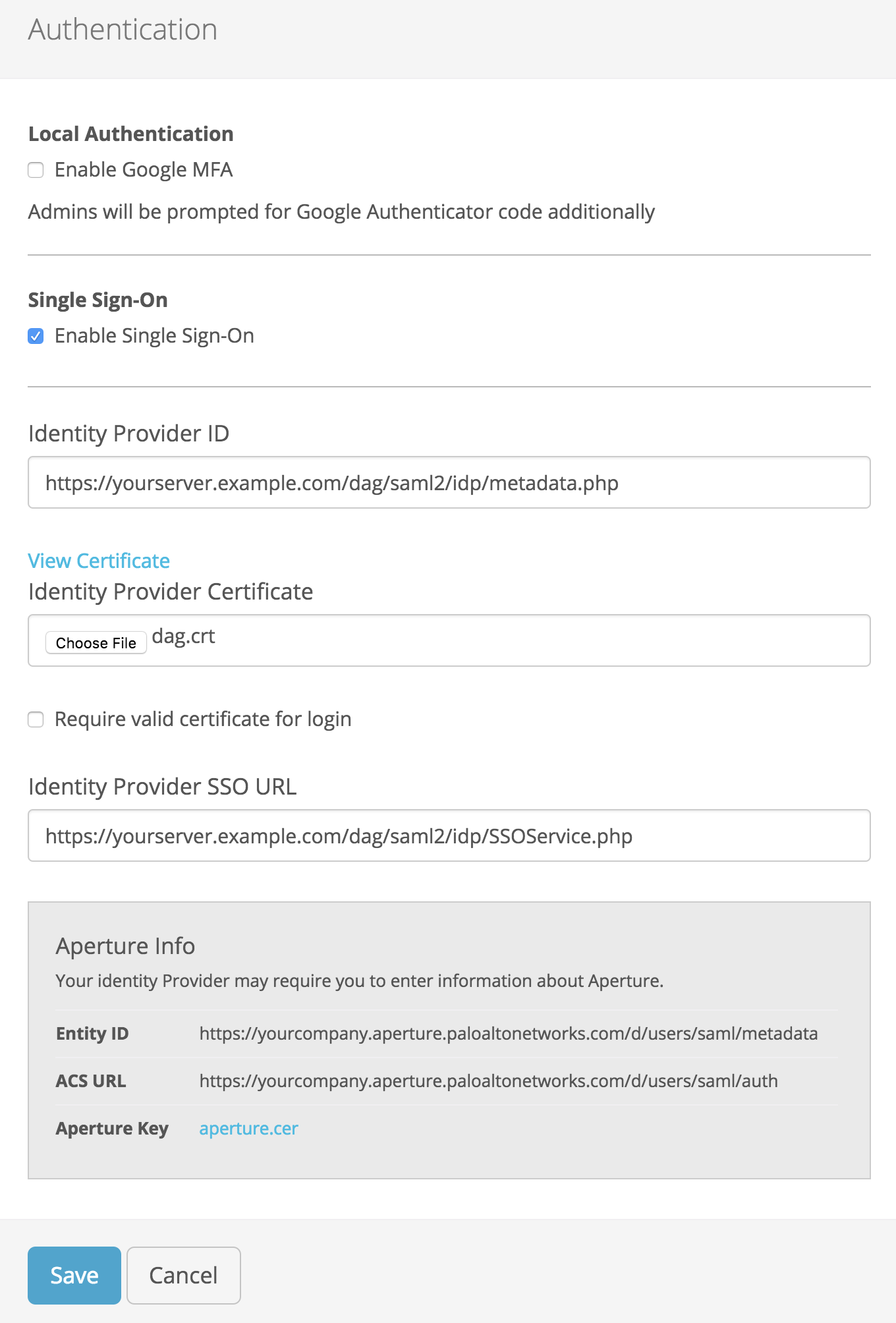 Palo Alto Networks Aperture Single Sign-On Setting Edit