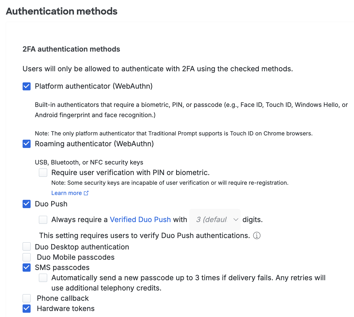 Authentication Methods Settings