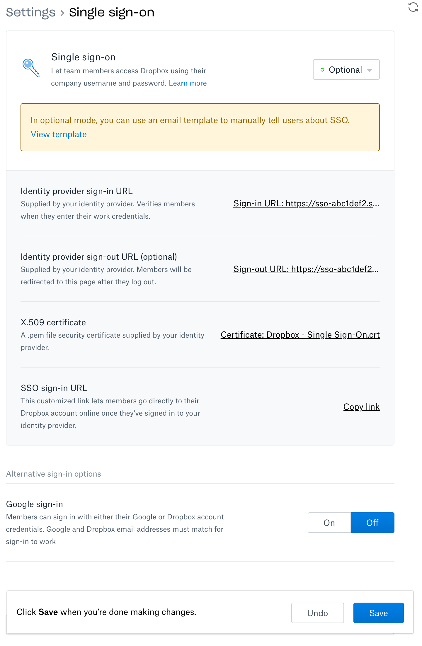 Dropbox Single Sign-On Setting Edit