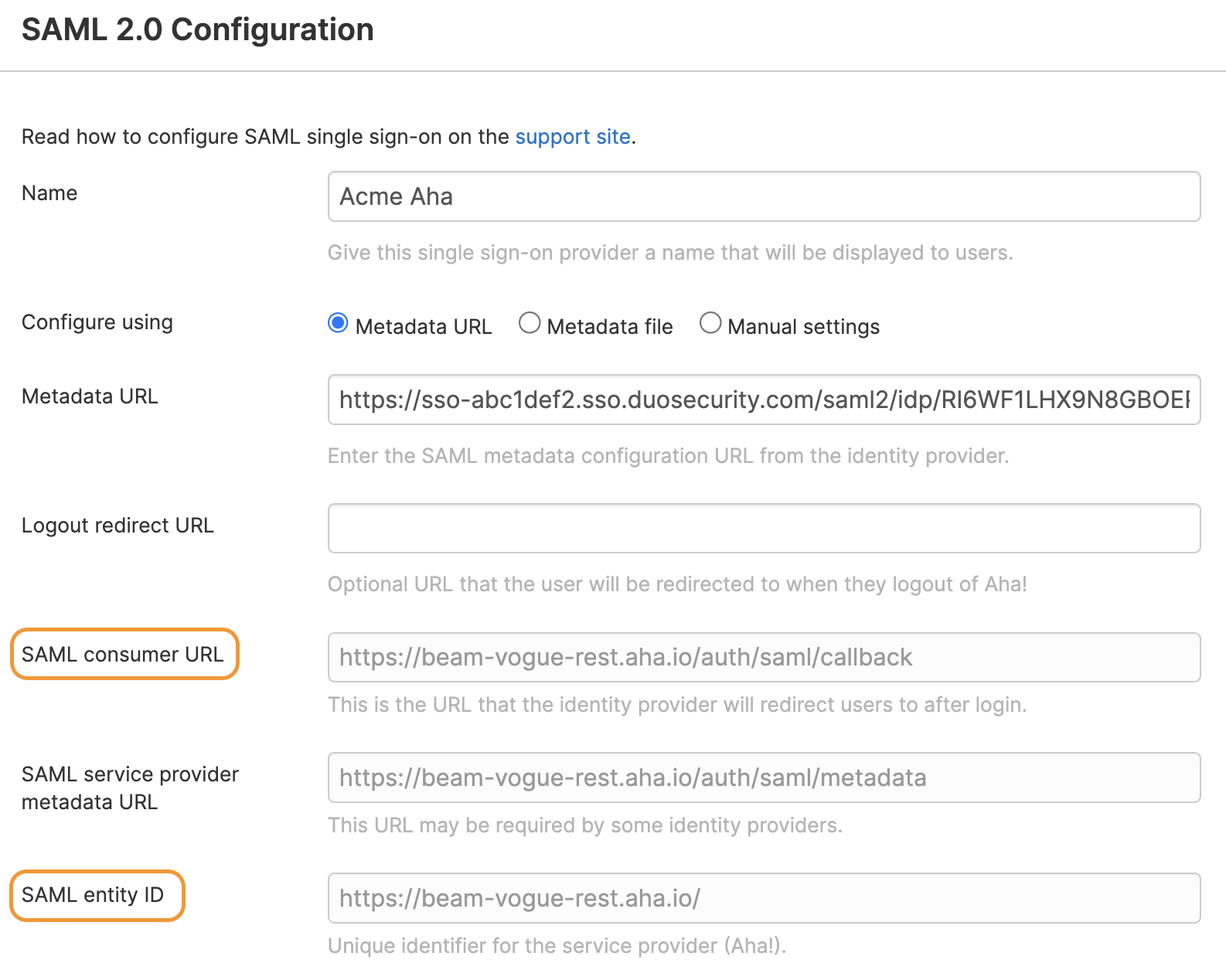 Aha! SAML 2.0 Configuration Settings