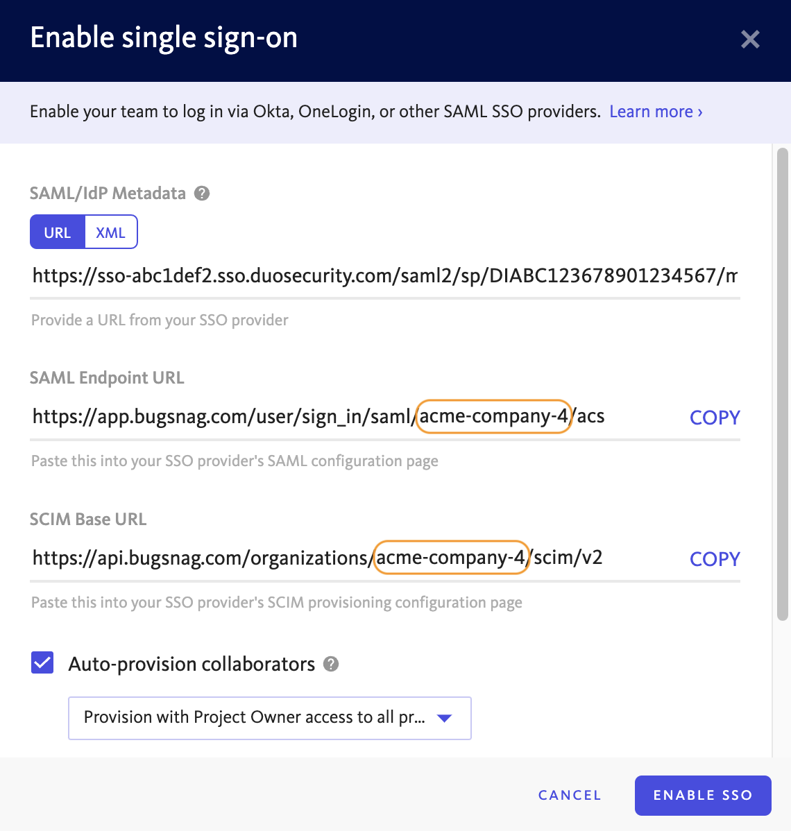 BugSnag Enable Single Sign-On Window