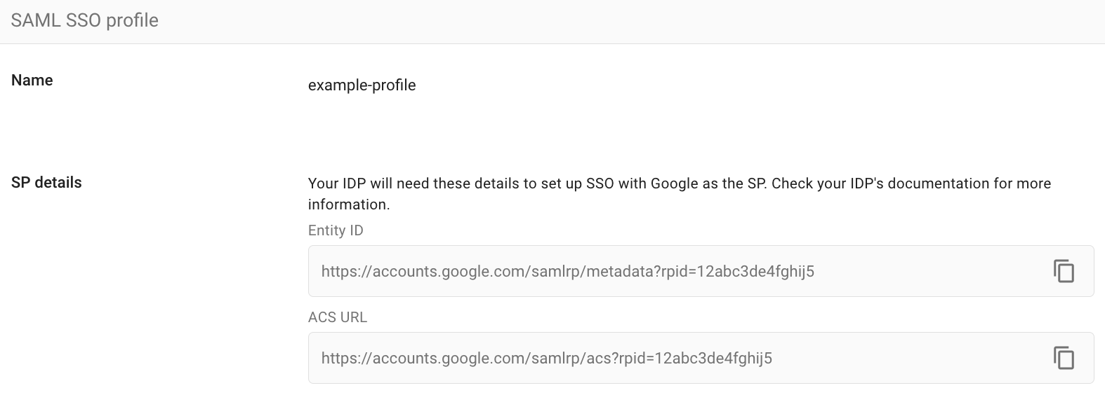 Google Workspace SP Details Entity ID and ACS URL