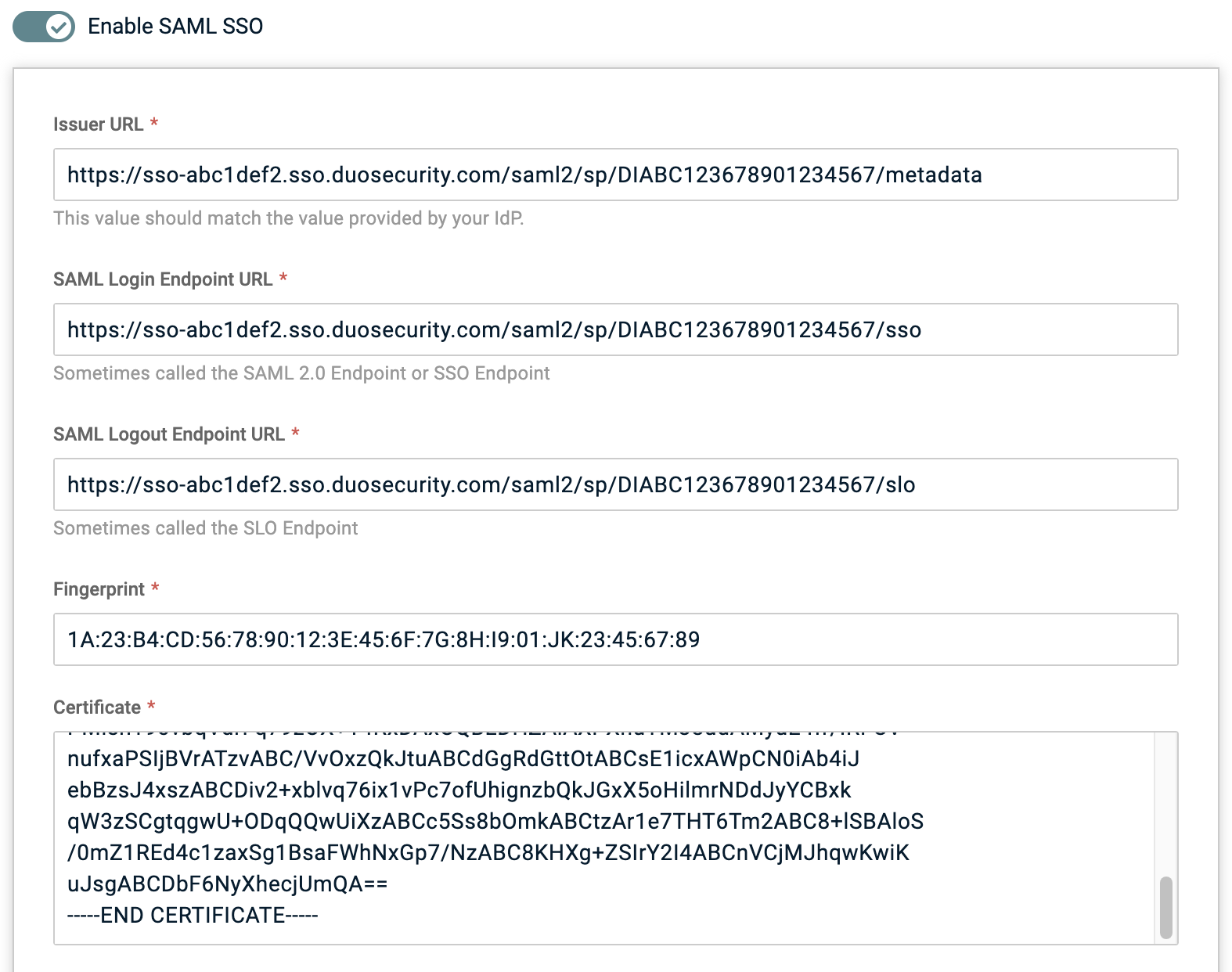 IT Glue SAML Configuration Fields