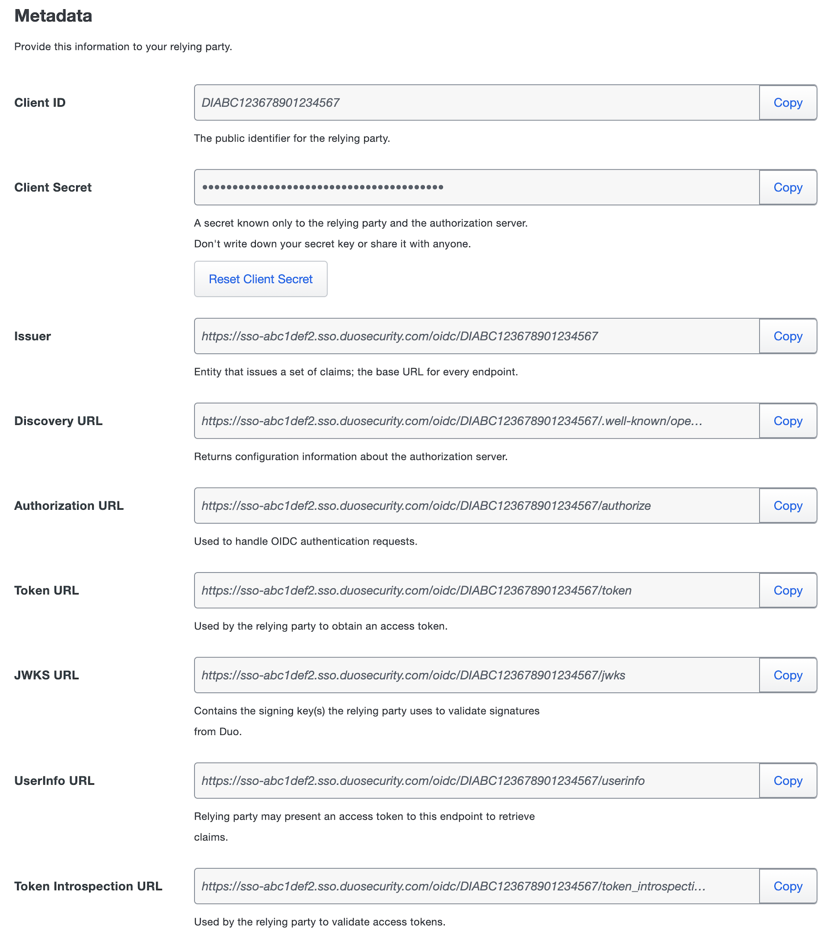 Metadata for configuring generic OIDC relying parties