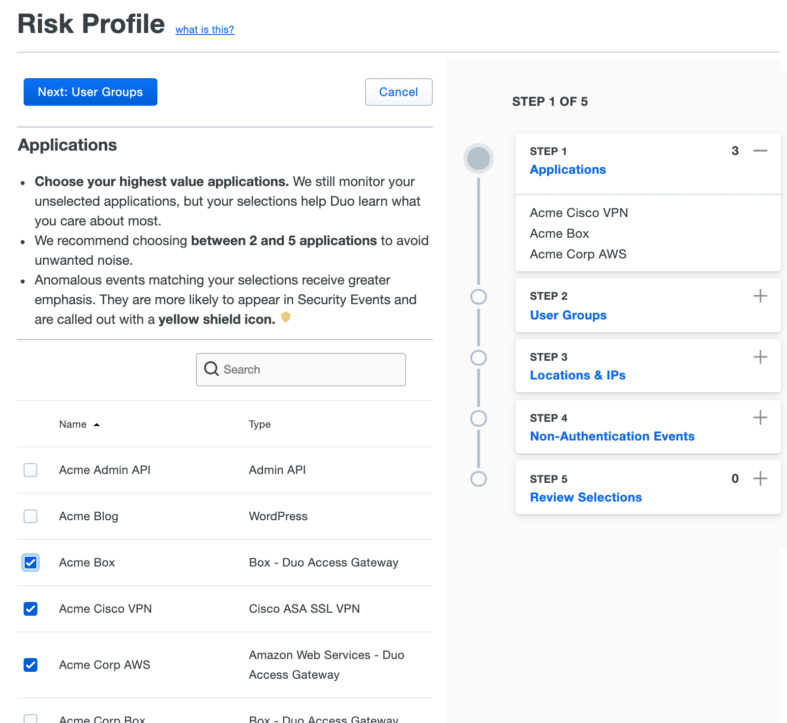 Risk Profile - Selecting Applications